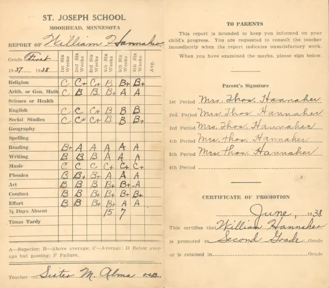 A scan of William Hannaher's first grade report card from St. Joseph's School of Moorhead.