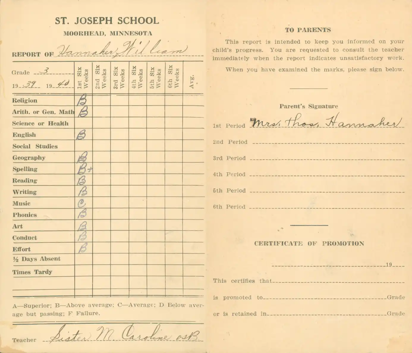 A scan of William Hannaher's third grade report card from St. Joseph's School of Moorhead.