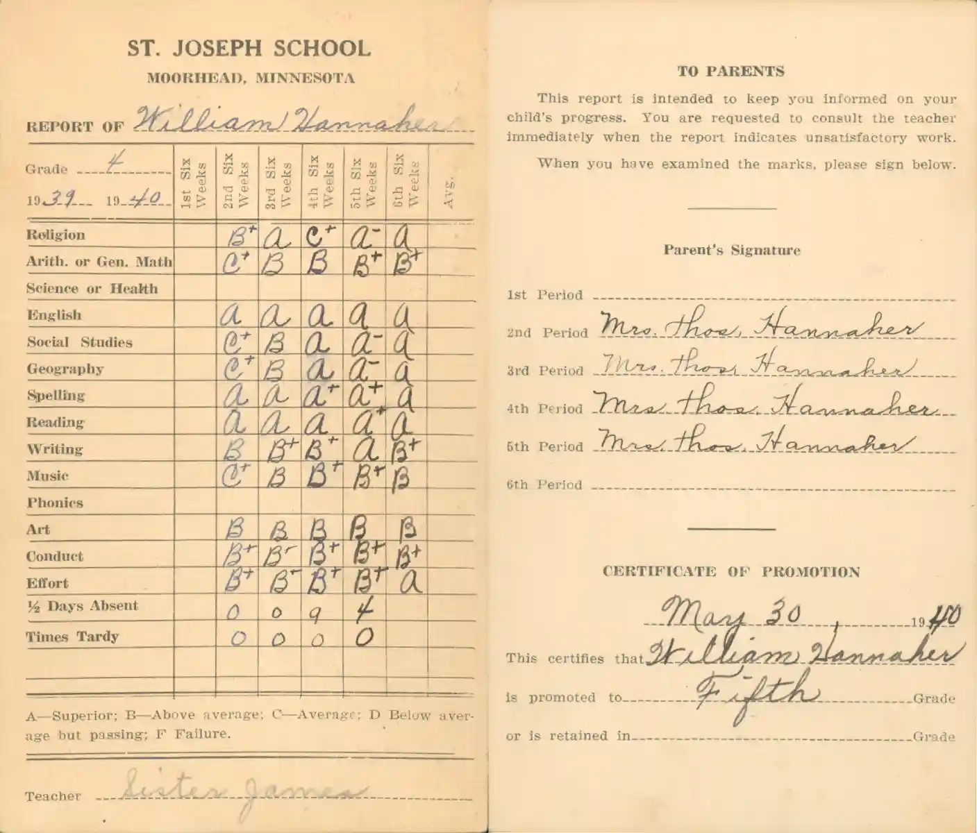 A scan of William Hannaher's fourth grade report card from St. Joseph's School of Moorhead.