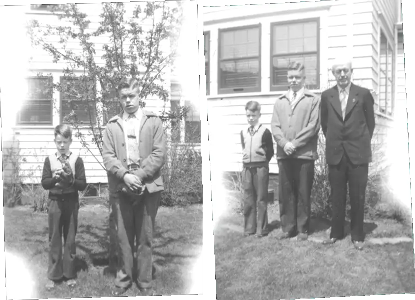 A montage of two photographs in the backyard, two boys, and two boys and their father.