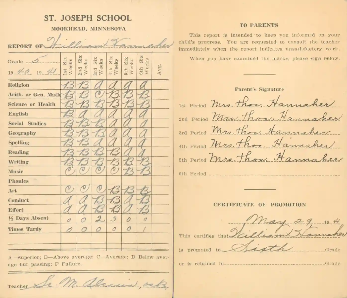 A scan of William Hannaher's fifth grade report card from St. Joseph's School of Moorhead.