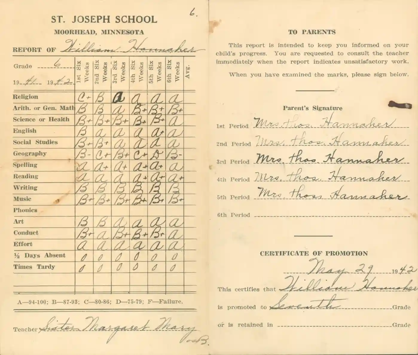 A scan of William Hannaher's sixth grade report card from St. Joseph's School of Moorhead.