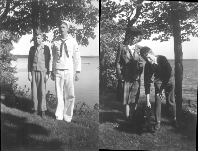 A montage of two photographs at the same spot on the shore of Pelican Lake. William Hannaher is joined by Trixie and Art Hellander and by Tresa Hill and Trixie.