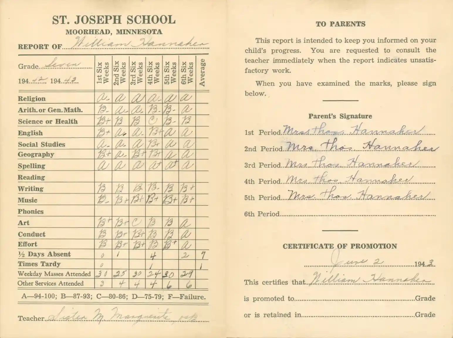 A scan of William Hannaher's seventh grade report card from St. Joseph's School of Moorhead.