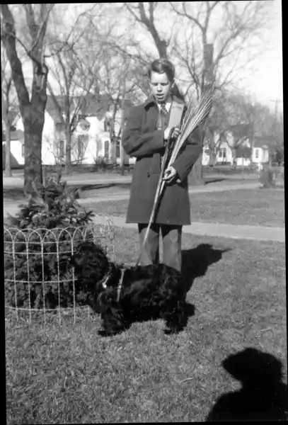 A photograph of a boy holding the leash of a dog.