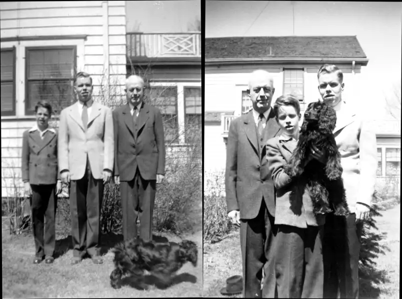 A montage of two photographs with two young men and their father, all in suits standing in the backyard. The sun is bright and a black-haired dog has joined them.