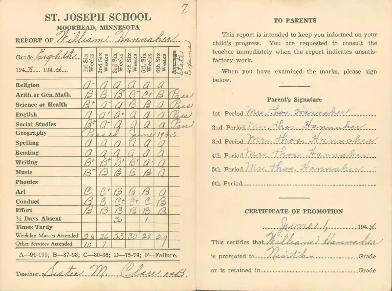 A scan of William Hannaher's eighth grade report card from the St. Joseph School of Moorhead.