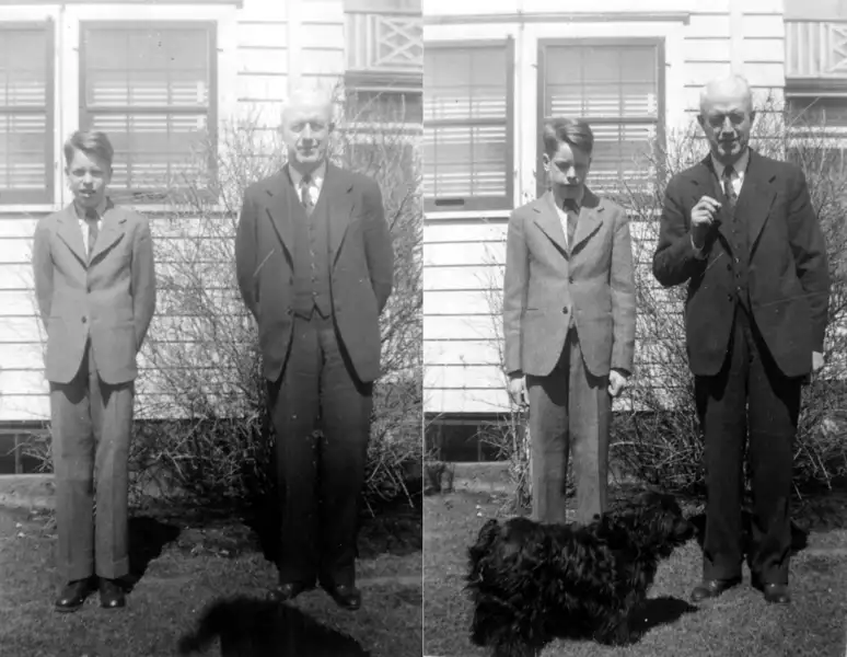 A montage of two photographs with a young man and his father, both in suits standing in the backyard. The sun is bright and a black-haired dog joins them in the second photo.