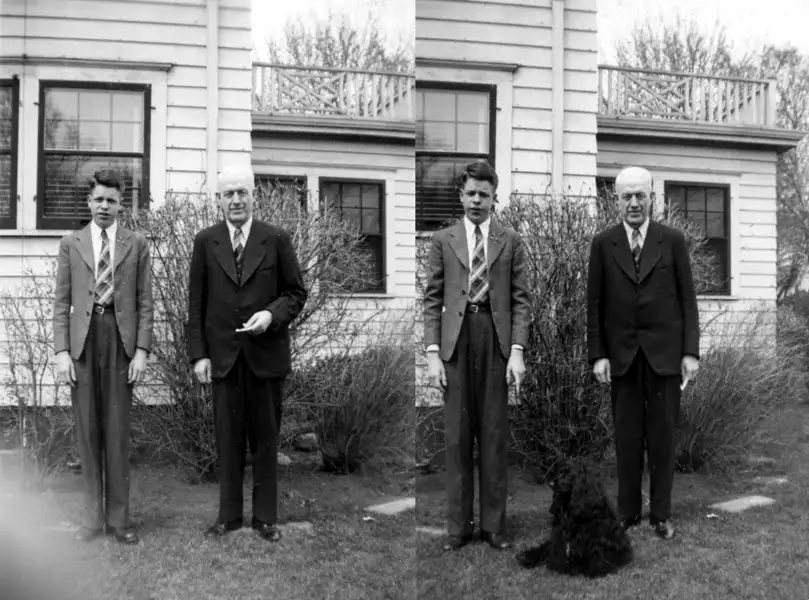 A montage of two photographs of a man and one son, both wear suits, they are standing in the backyard. A black dog joins them in the right-hand portion.