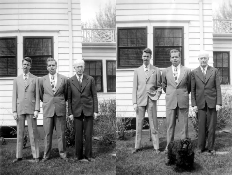 A montage of two photographs with two sons and their father, all suits are single breasted, they are standing in the backyard.