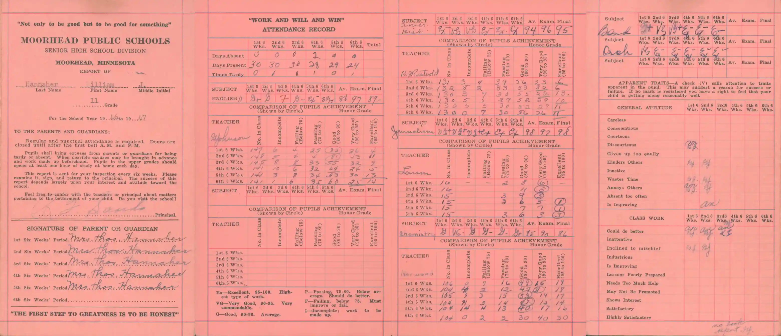 A scan of William Hannaher's eleventh grade report card from the Moorhead Public Schools Senior High School Division.