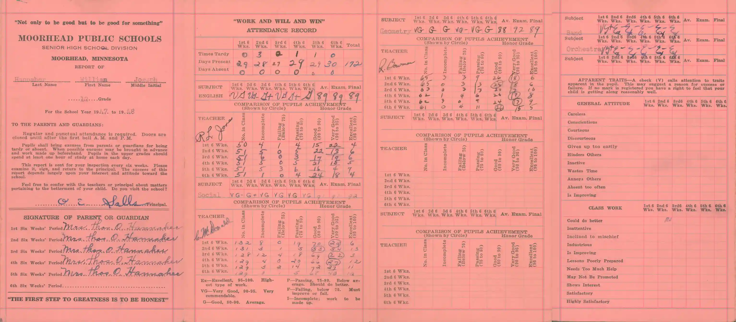 A scan of William Hannaher's twelfth grade report card from the Moorhead Public Schools Senior High School Division.