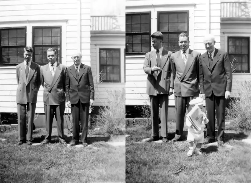 A montage of two photographs with two sons and their father, all wear suits standing in the backyard, in the second photograph a child appears hiding behind a newspaper.