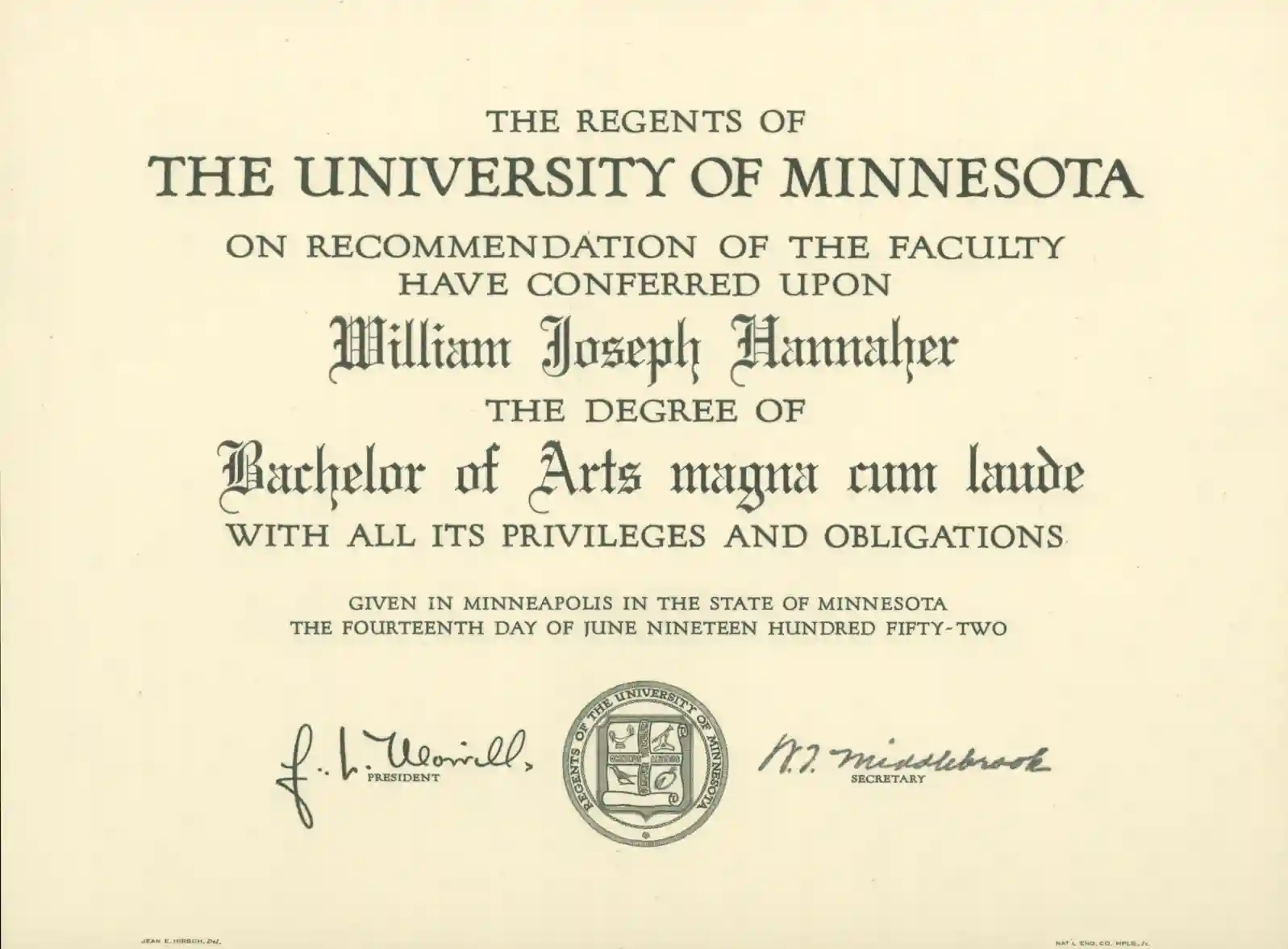 A scan of a University of Minnesota diploma from 1952.