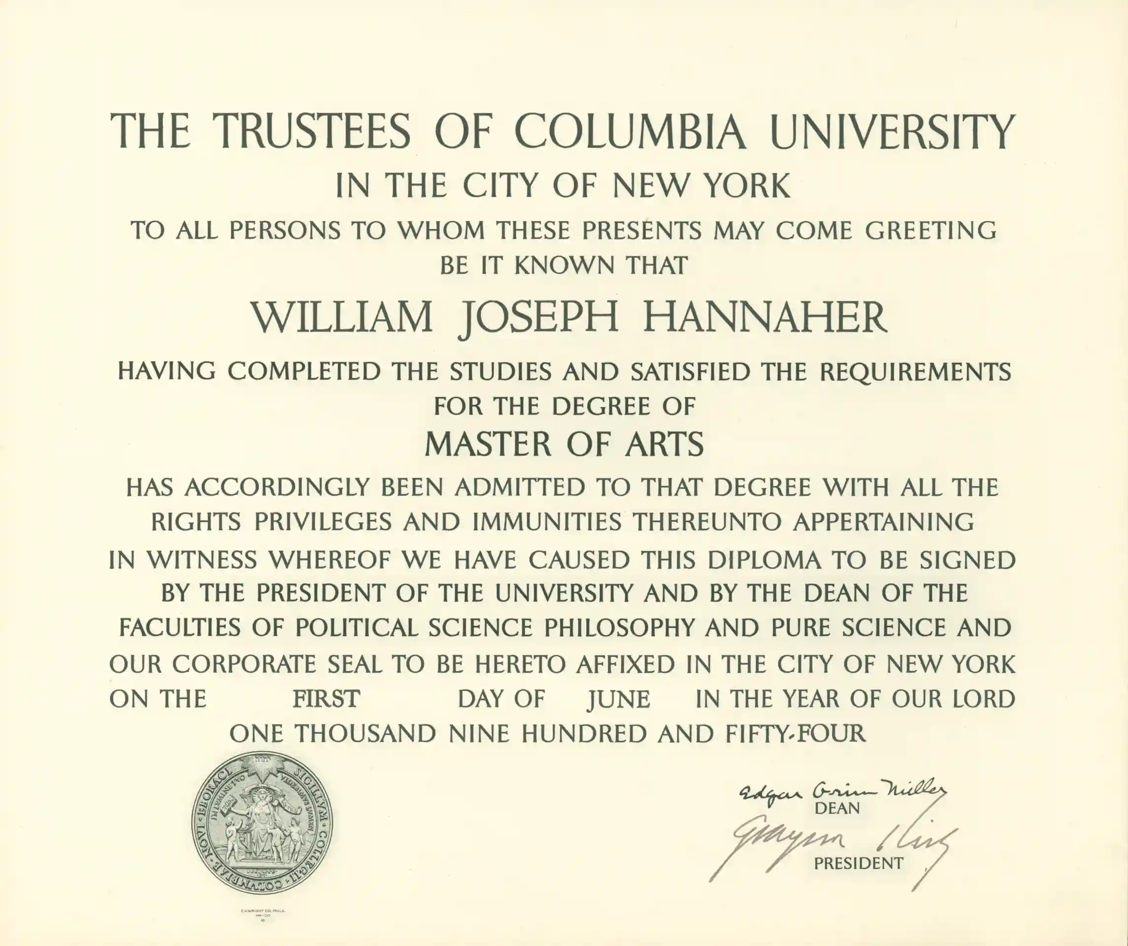 A scan of a Master of Arts diploma from Columbia University.