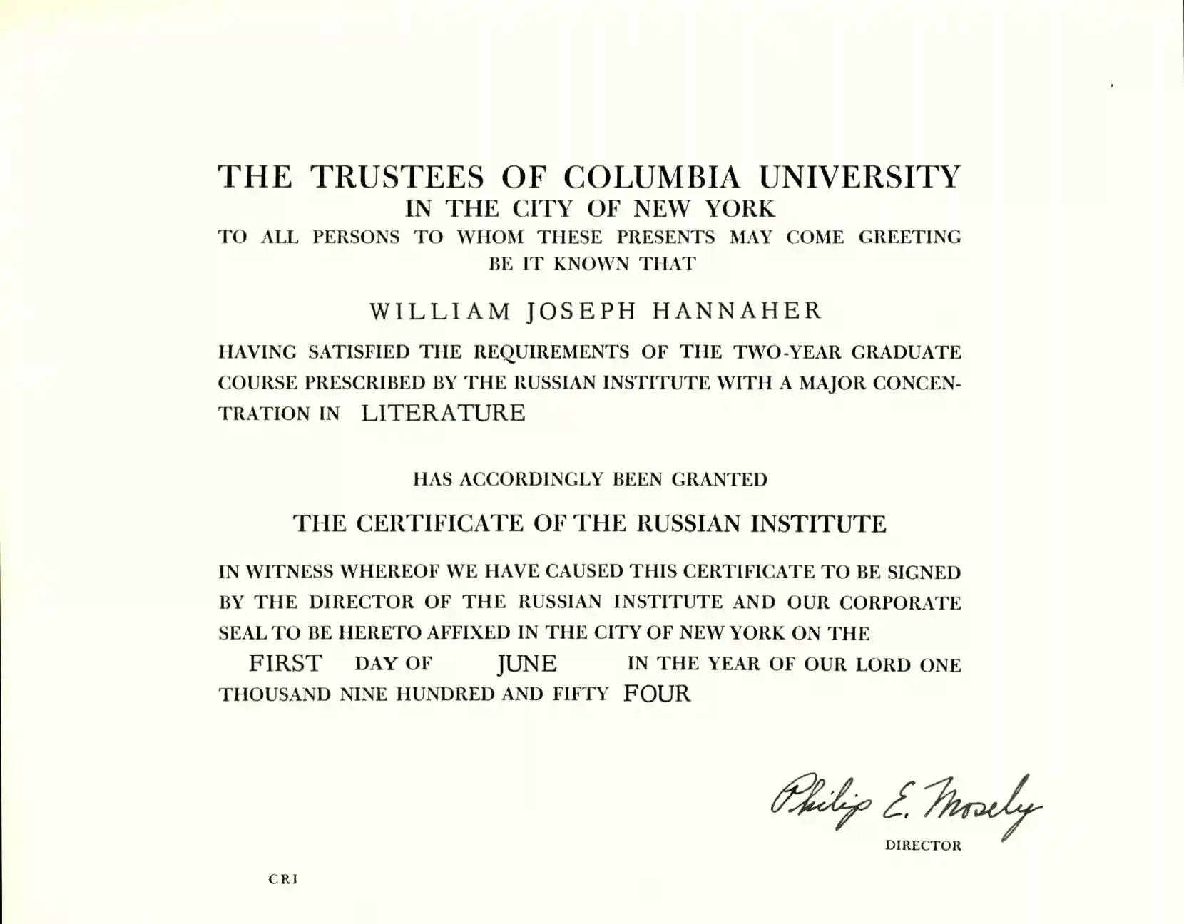 A scan of a Russian Institue Certificate from Columbia University.