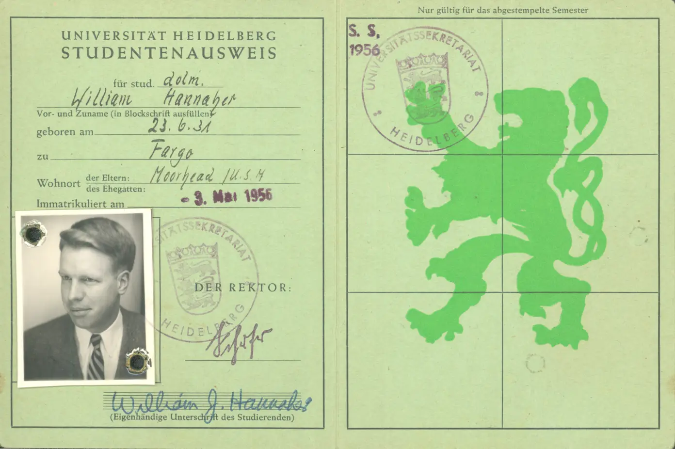 A scan of a green identity card issued in 1956 in Heidelberg