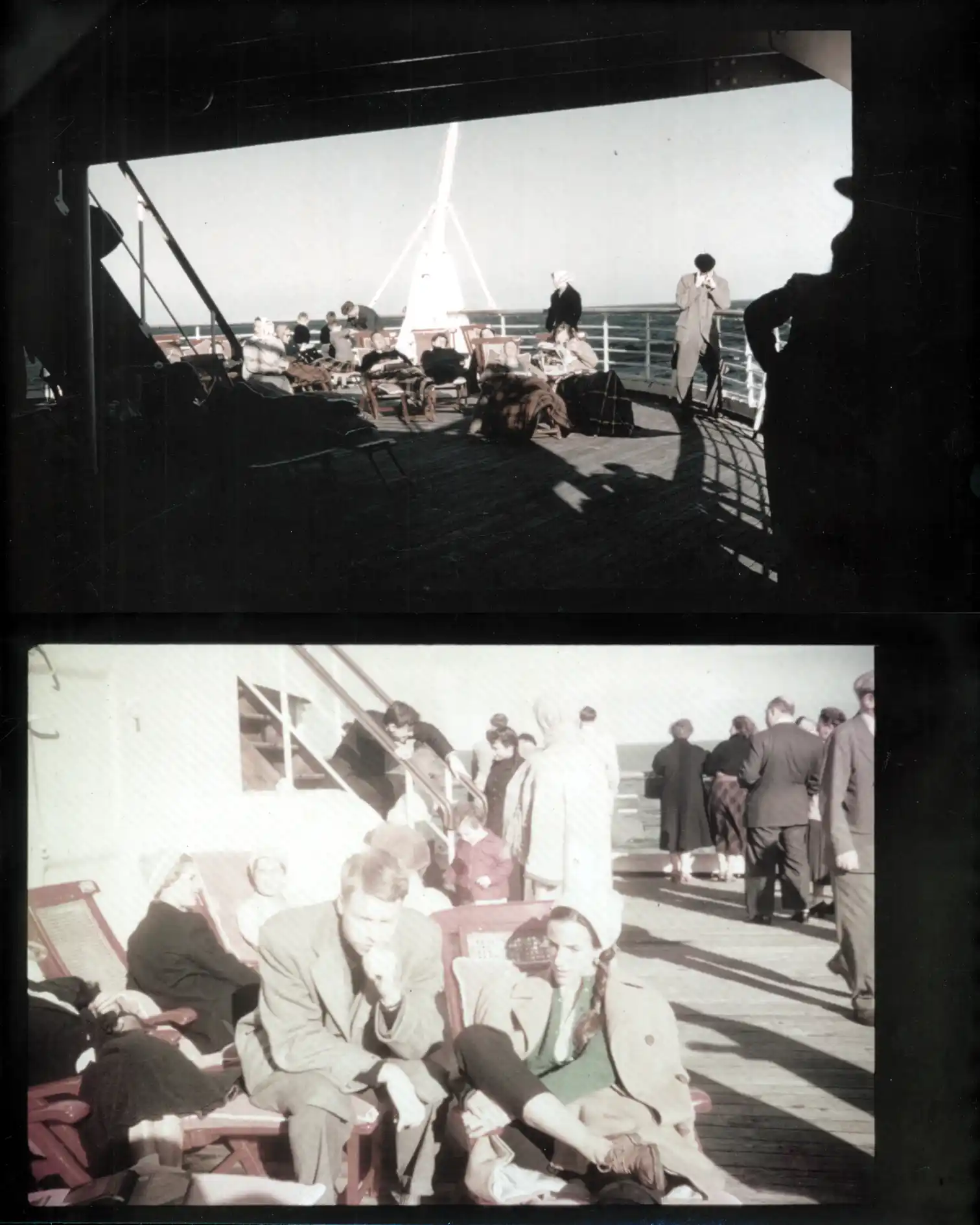 A montage of two photographs showing life on deck of a transatlantic voyage was sunny but chill and windy.