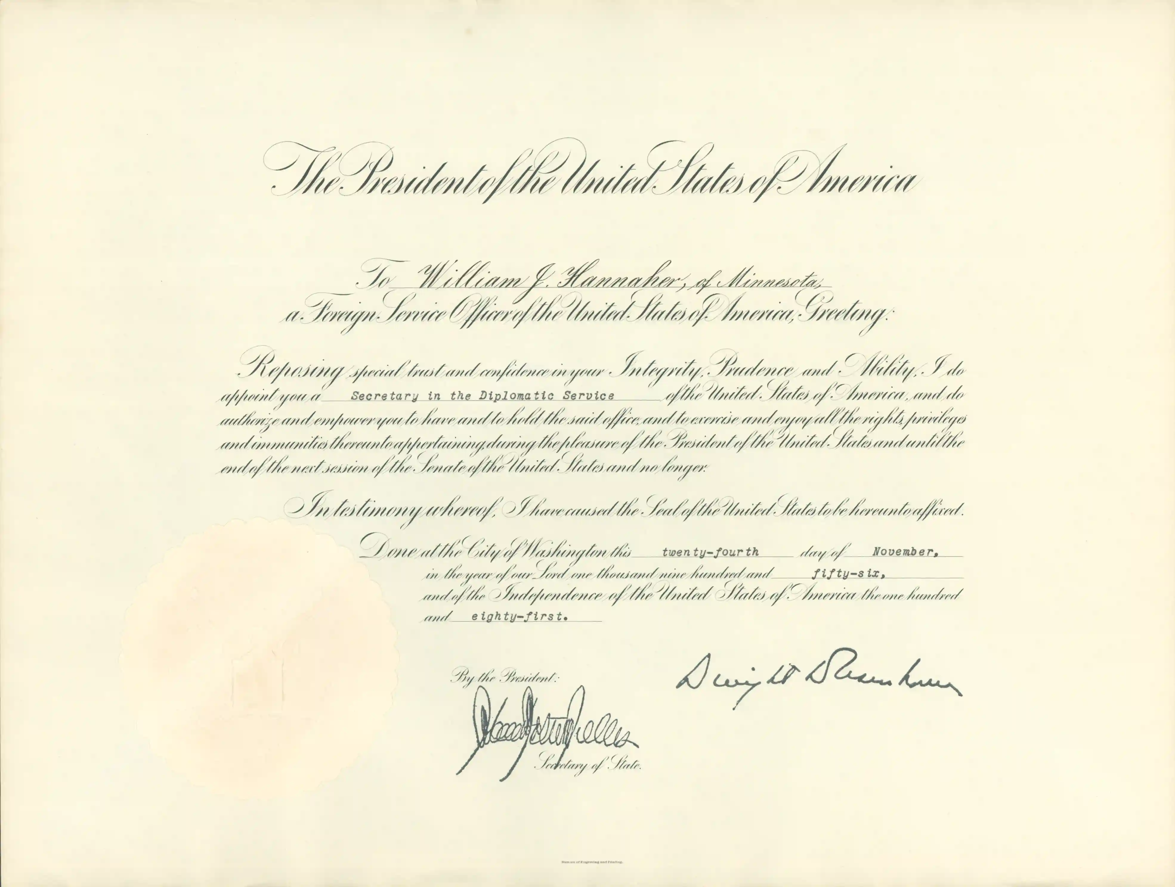 A scan of a parchment proclamation appointing William J. Hannaher as vice consul.