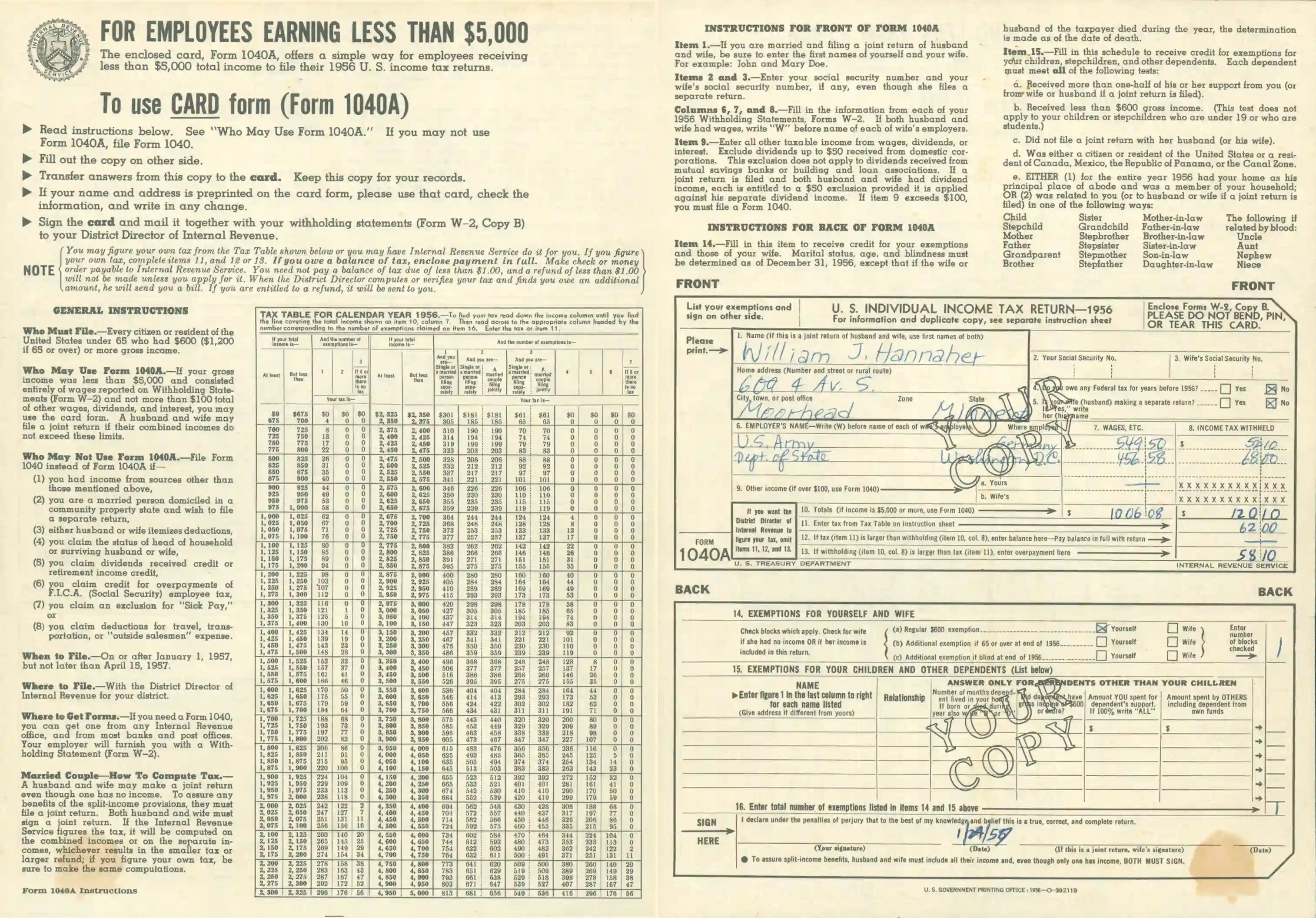 Form 1040A Instructions completed as a draft of a tax return for 1956.