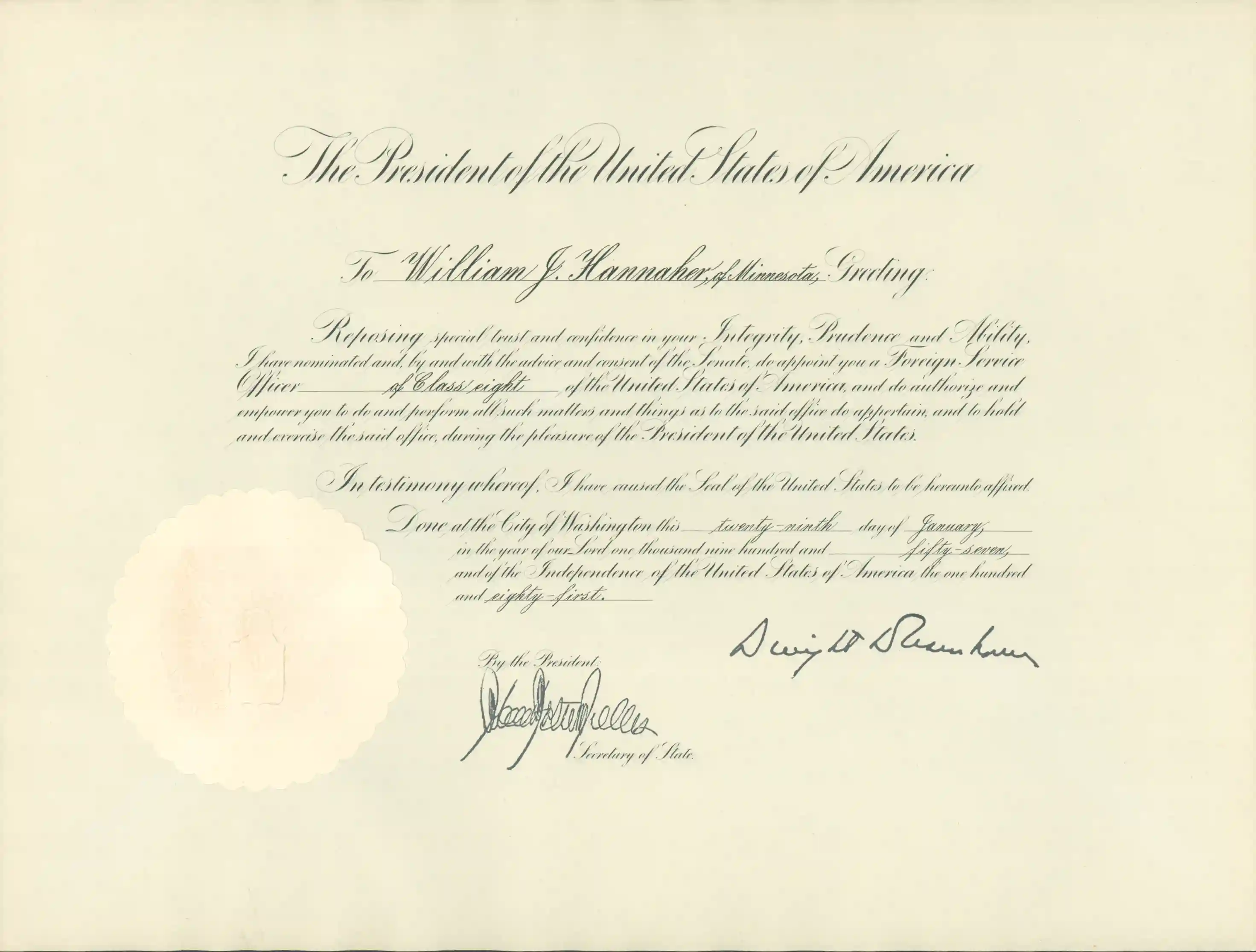 A scan of a parchment proclamation appointing William J. Hannaher as FSO Class 8.