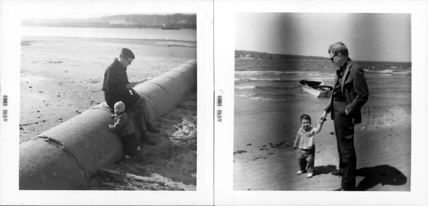 A montage of two photographs with a father and a smallboy, on a beach.