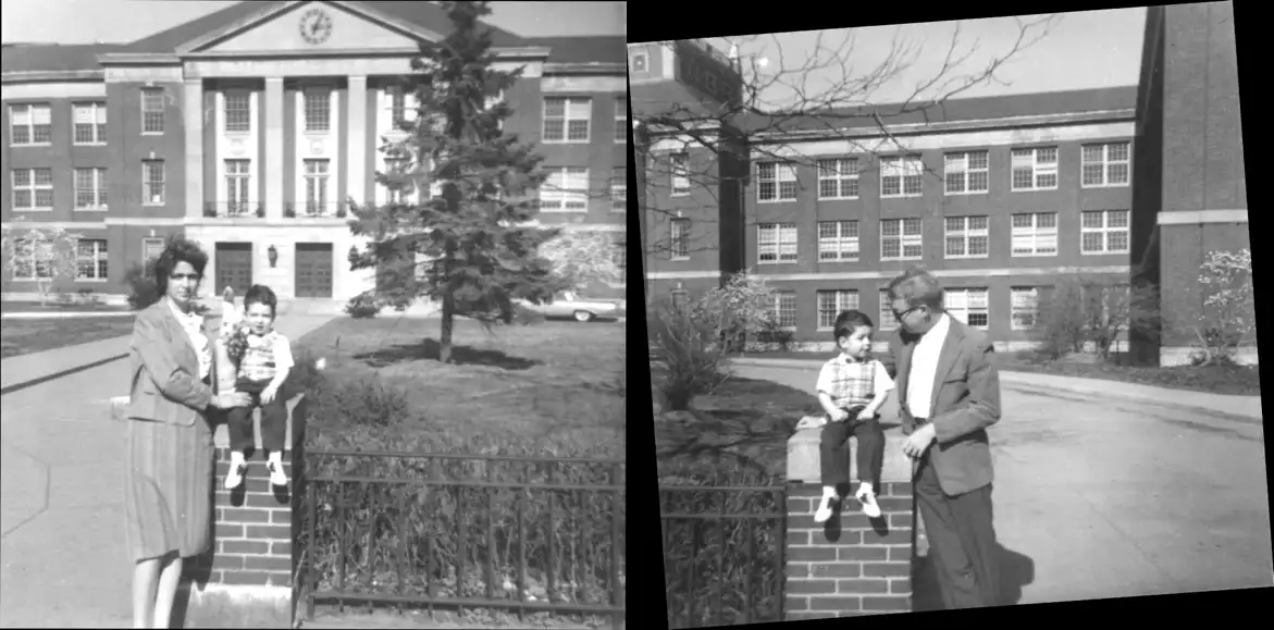 A montage of two photographs each of a young boy posed on a brick pillar in front a high school with Georgian Revival architecture.