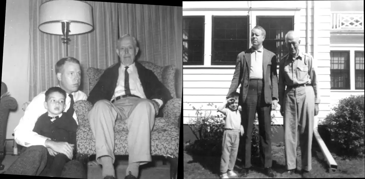 A montage of two photographs each of a young boy, his father, and his grandfather posed inside and outside.