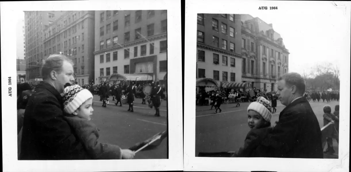 A montage of two photographs each of a young boy and his father watching a parade.