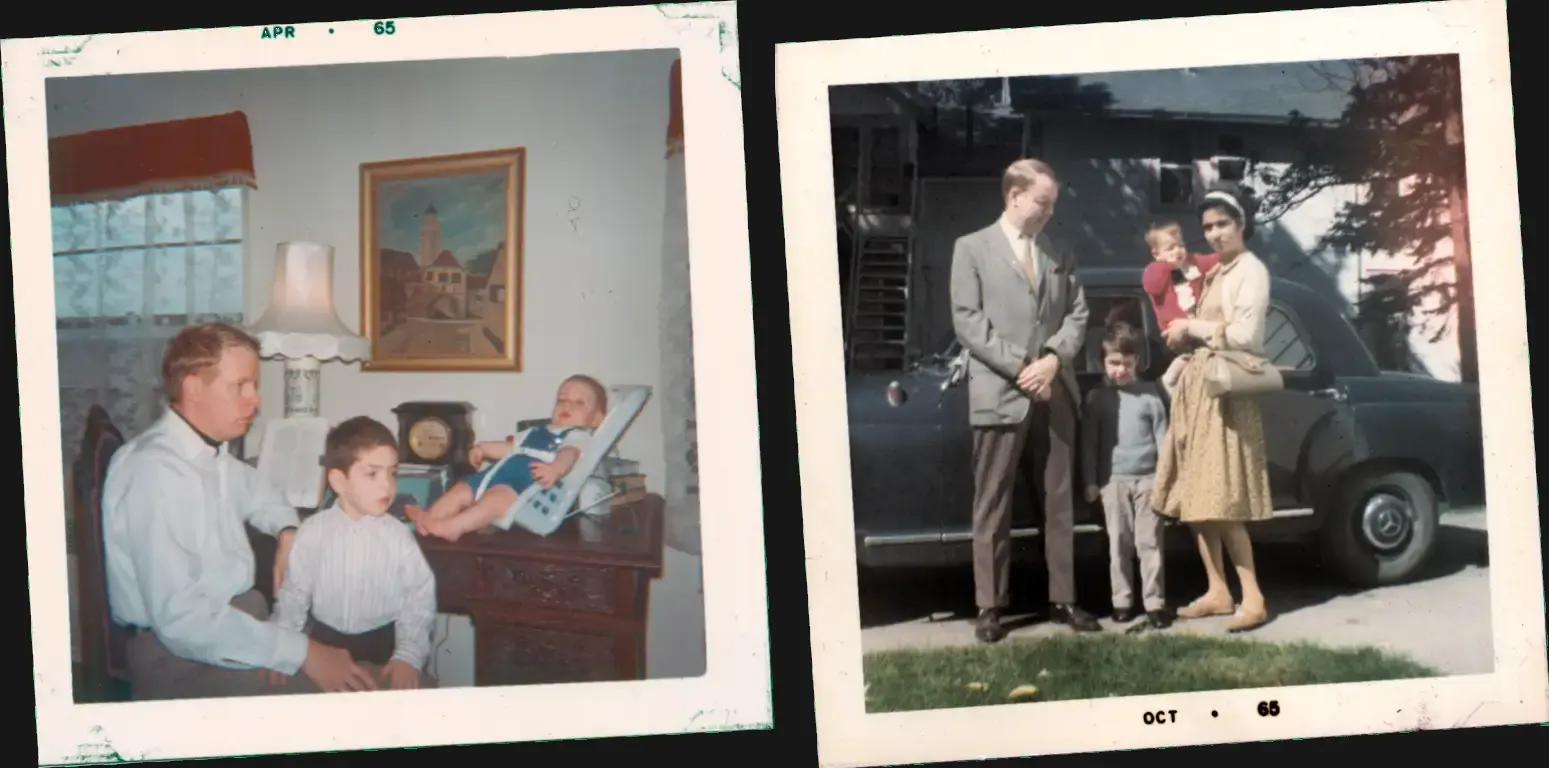 A montage of two photographs of the Hannaher family now with two sons.