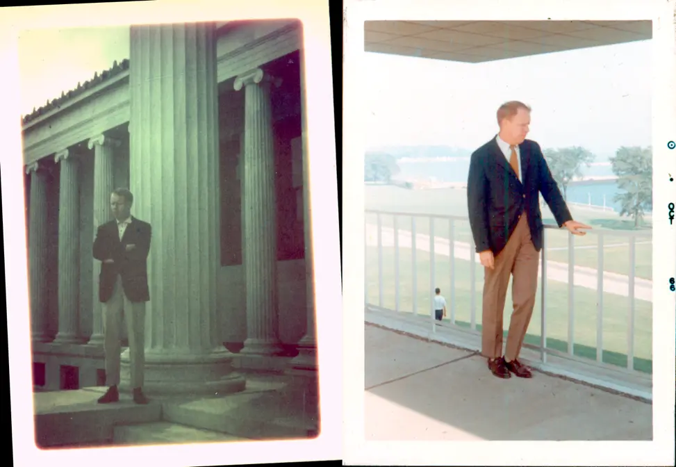 A montage of two photographs of a tall man alone.