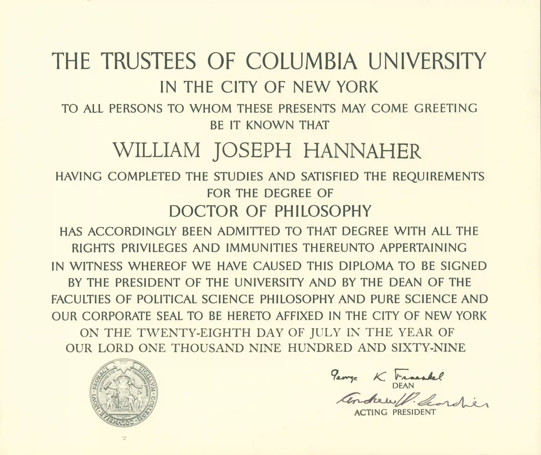 A scan of a Doctor of Philosophy diploma from Columbia University.