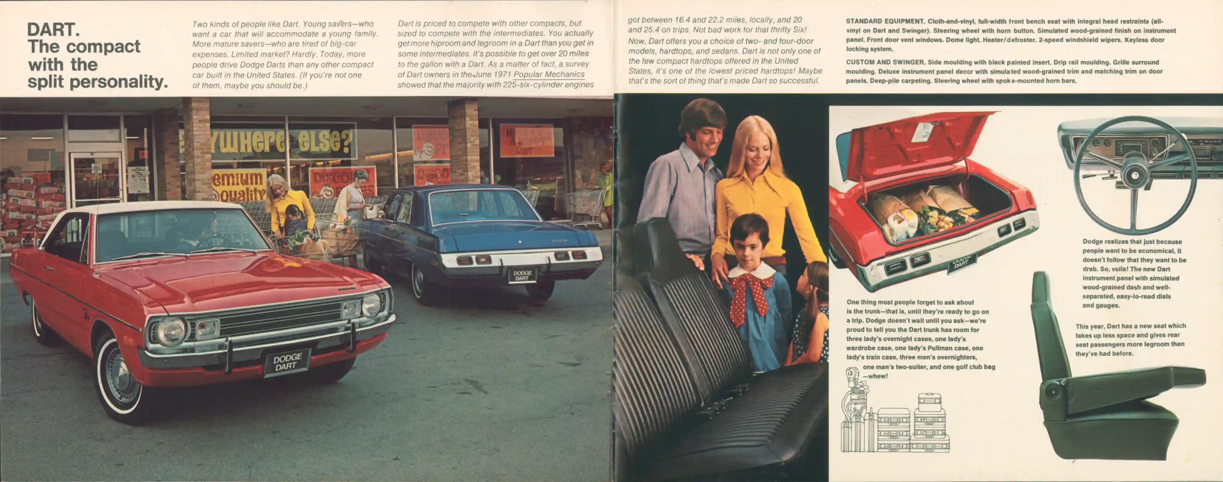 Two pages from the Dodge catalog for 1972 extol the virtues of the Dart.