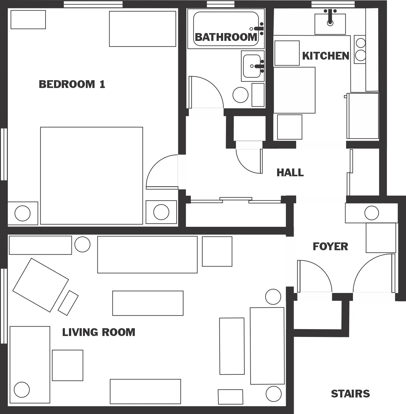 Floorplan of a small one-bedroom, one-bath apartment.