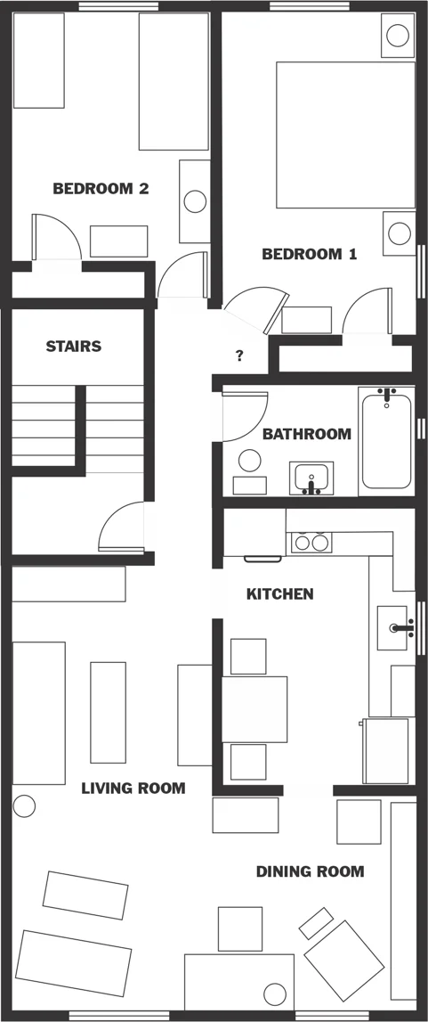 Floorplan of a slightly larger two-bedroom, one-bath apartment.